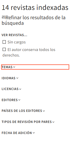 Filtros de búsqueda en DOAJ
