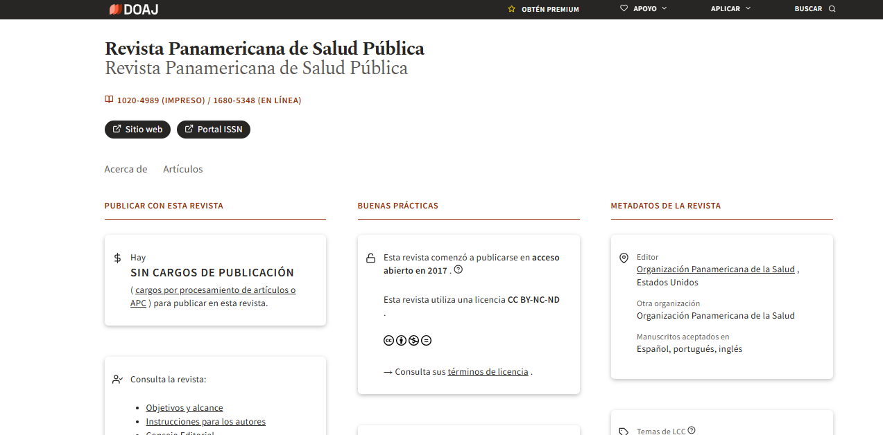 Información de una revista en DOAJ