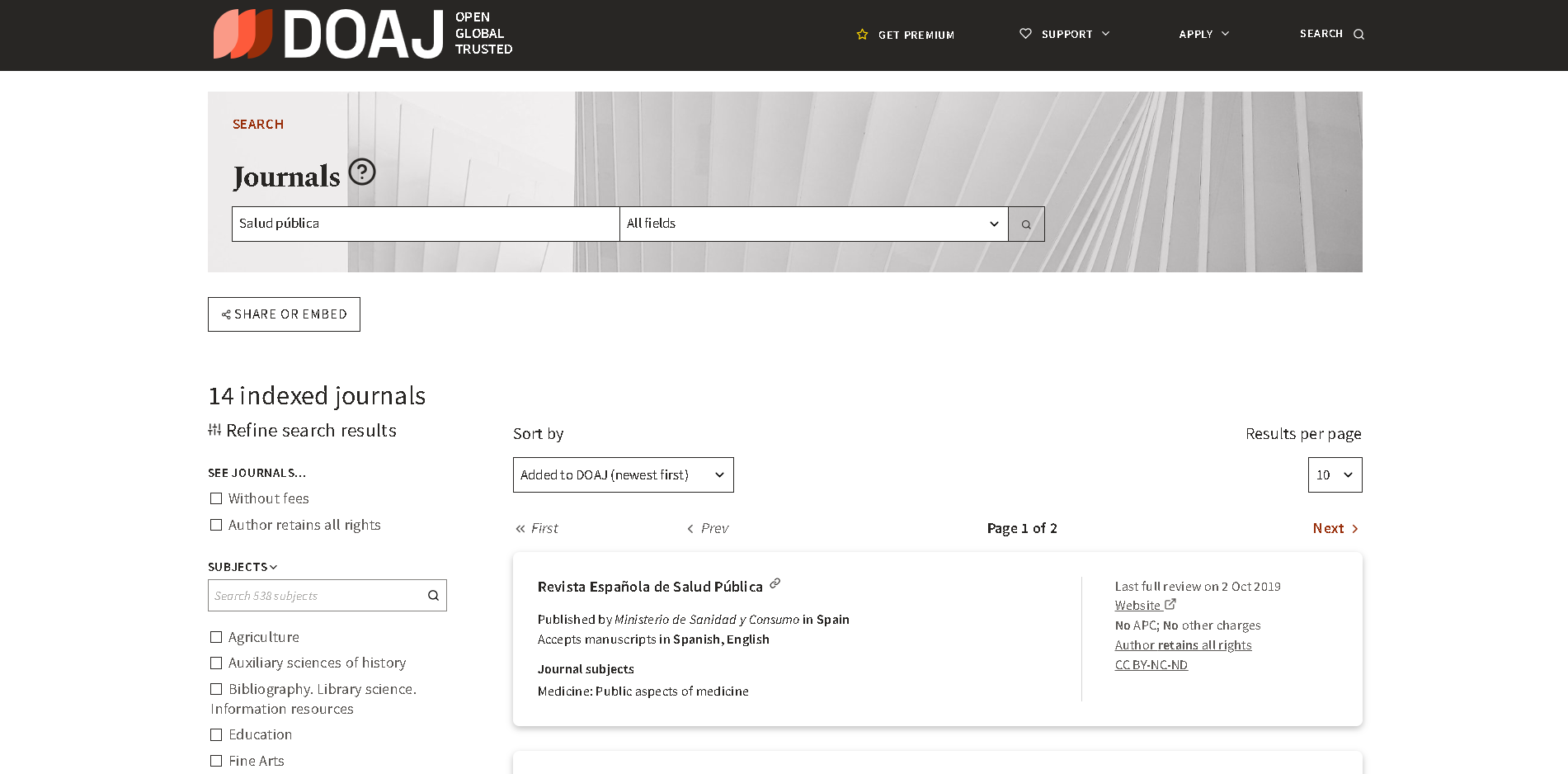 Búsqueda de revistas en DOAJ